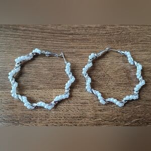 Silver Wire Braided Beaded Hoop Earrings White Faux Pearl Coquette Twisted